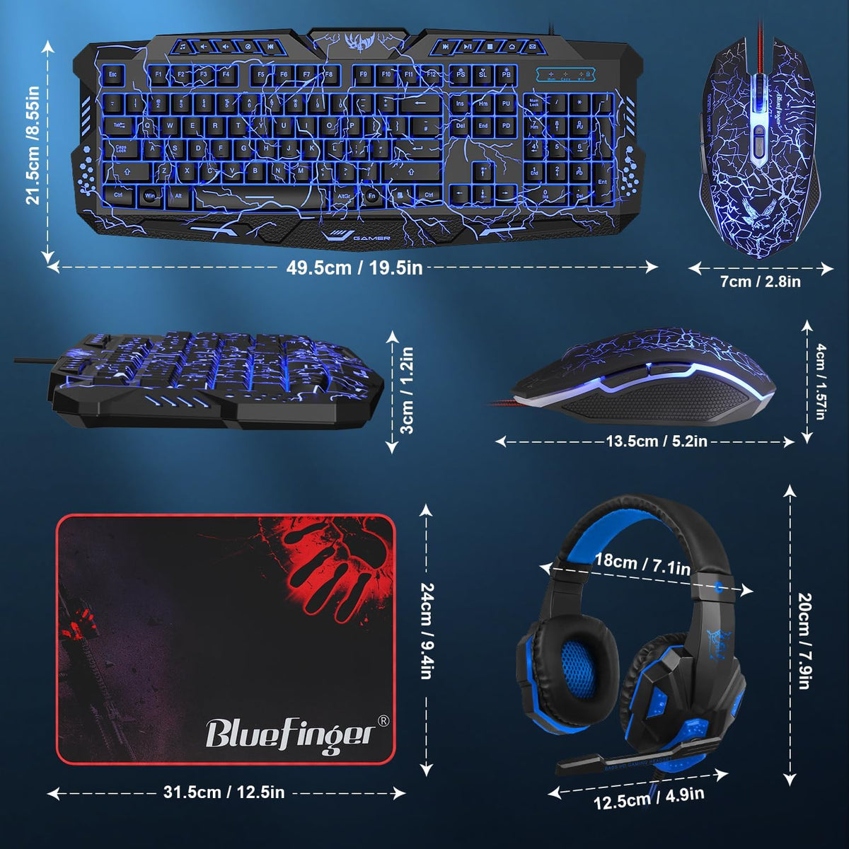 BlueFinger Backlit Gaming Keyboard, Mouse and LED Headset Combo - USB Wired 3 Color Crack Backlit, Blue LED Light Headset - Set for Work and Game