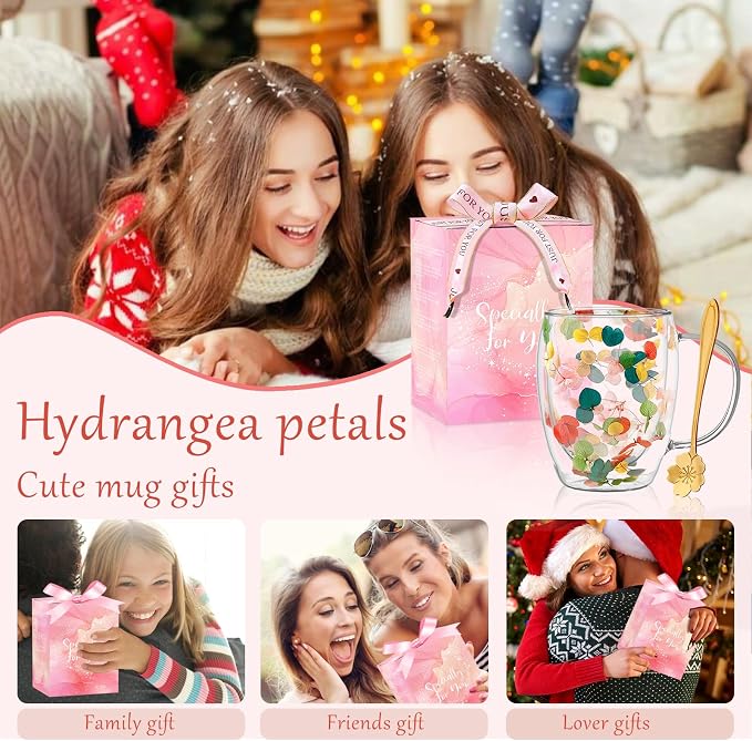 Gifts for Women Dried Flowers Double Wall Glass Coffee Mugs Cute Glass Tea Cups