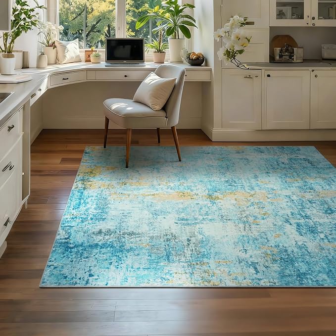 Entryway Rug 3x5 Teal Blue Bedroom Area Rug Washable Non Slip Abstract Boho Rugs
