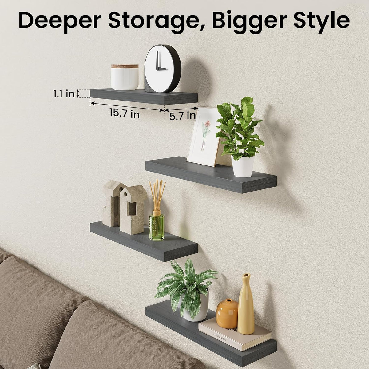 BAYKA Gray Floating Shelves 15.7in, Set of 4, Wall Mount Rustic Wood Shelf