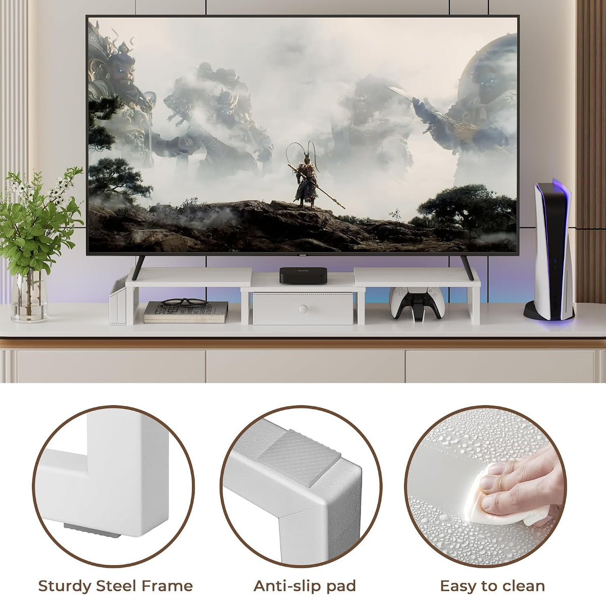 LAND·VOI Heavy Duty Dual Monitor Stand, Holds 2 Screens Up to 27 Inches, Adjustable Length and Angle Monitor Riser, Desk Organizer with Side Pockets and Drawers, Home Office Desk Storage, White