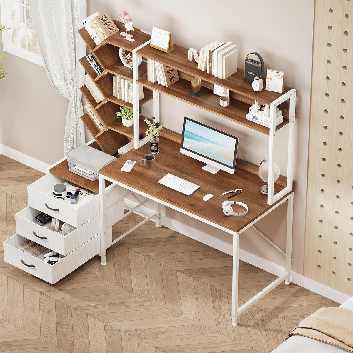 YOMILUVE 52" Computer Desk with Bookshelf, 3 Drawers ＆ Hutch for Bedroom