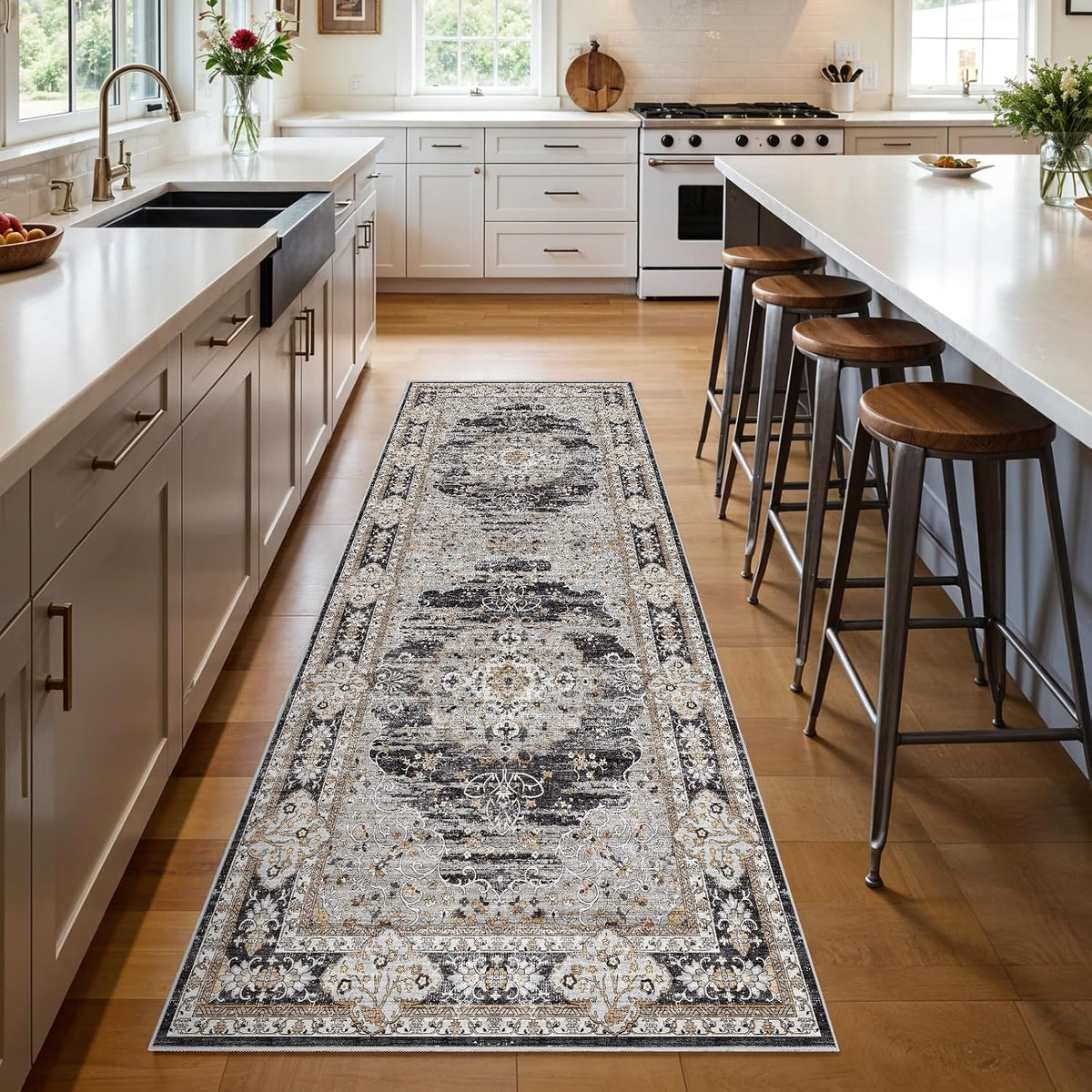 3x8 Washable Hallway Runner Rug - Non-Slip Vintage Kitchen Rugs Black Gray