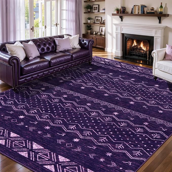 SERISSA 6x9 Area Rugs for Living Room, Washable Non-Slip Purple and White Boho