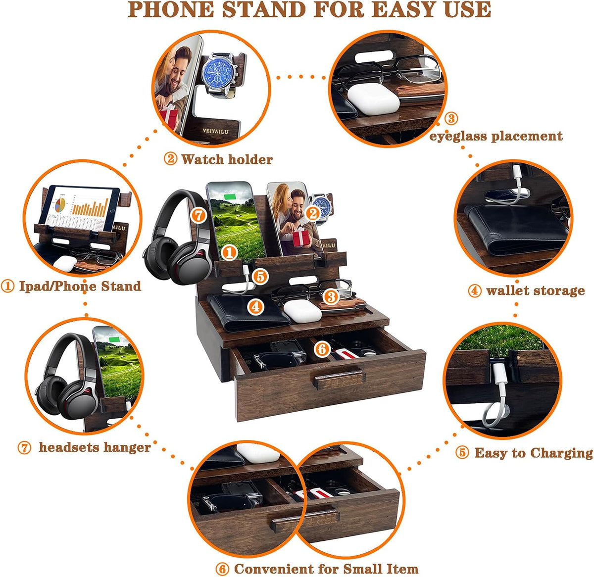 VEIYAILU Gifts for Men Women Husband Son Boyfriend Him Nightstand Organizer Wood Phone Docking Station Birthday Gifts (Walnut)