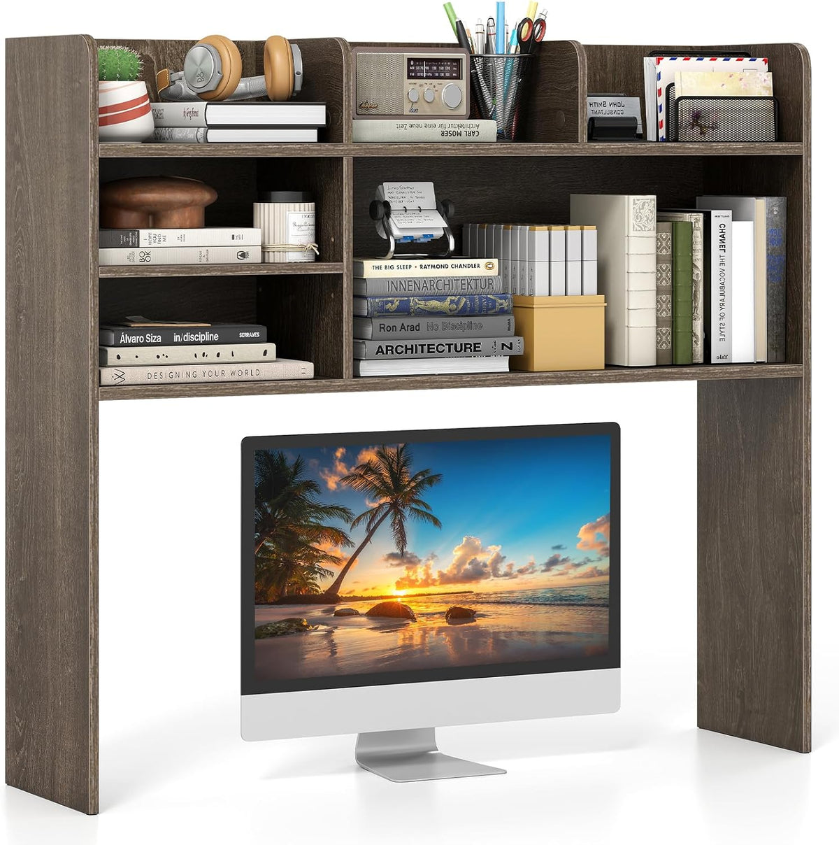 GIANTEX Desktop Bookshelf, 37" Desk Hutch Dorm for Computer Up to 32 Inch, Countertop Hutch w/6 Storage Shelves, 3-Tier Desktop Organizer Display Rack, Wood Desk Shelf for Home Office (Grey Oak)