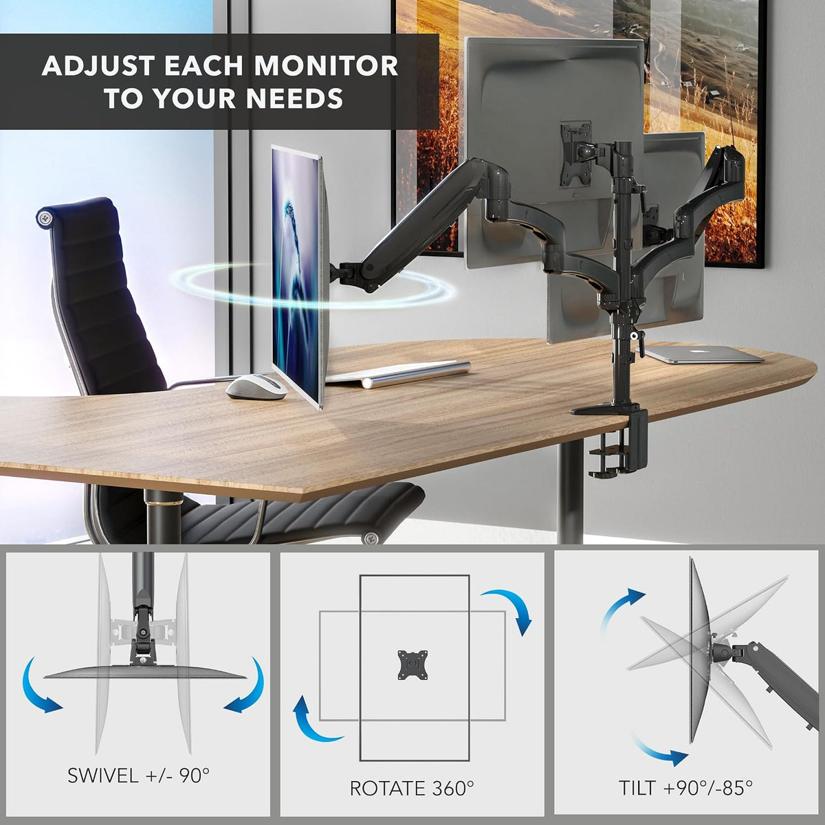 Mount-It! Triple Monitor Mount Desk Stand, 13-32", Black