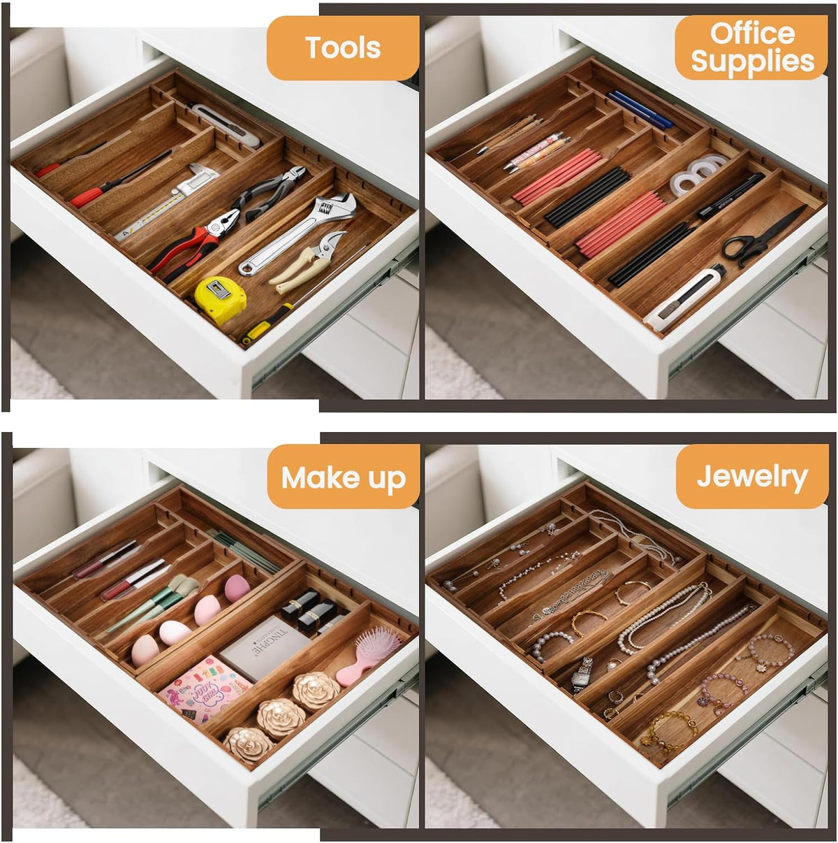 Acacia Wood Silverware Drawer Organizer, 21 Inch Adjustable Cutlery Tray for Kitchen Utensils, Silverware Flatware Storage Box with 6 Detachable Dividers(8-Compartment)