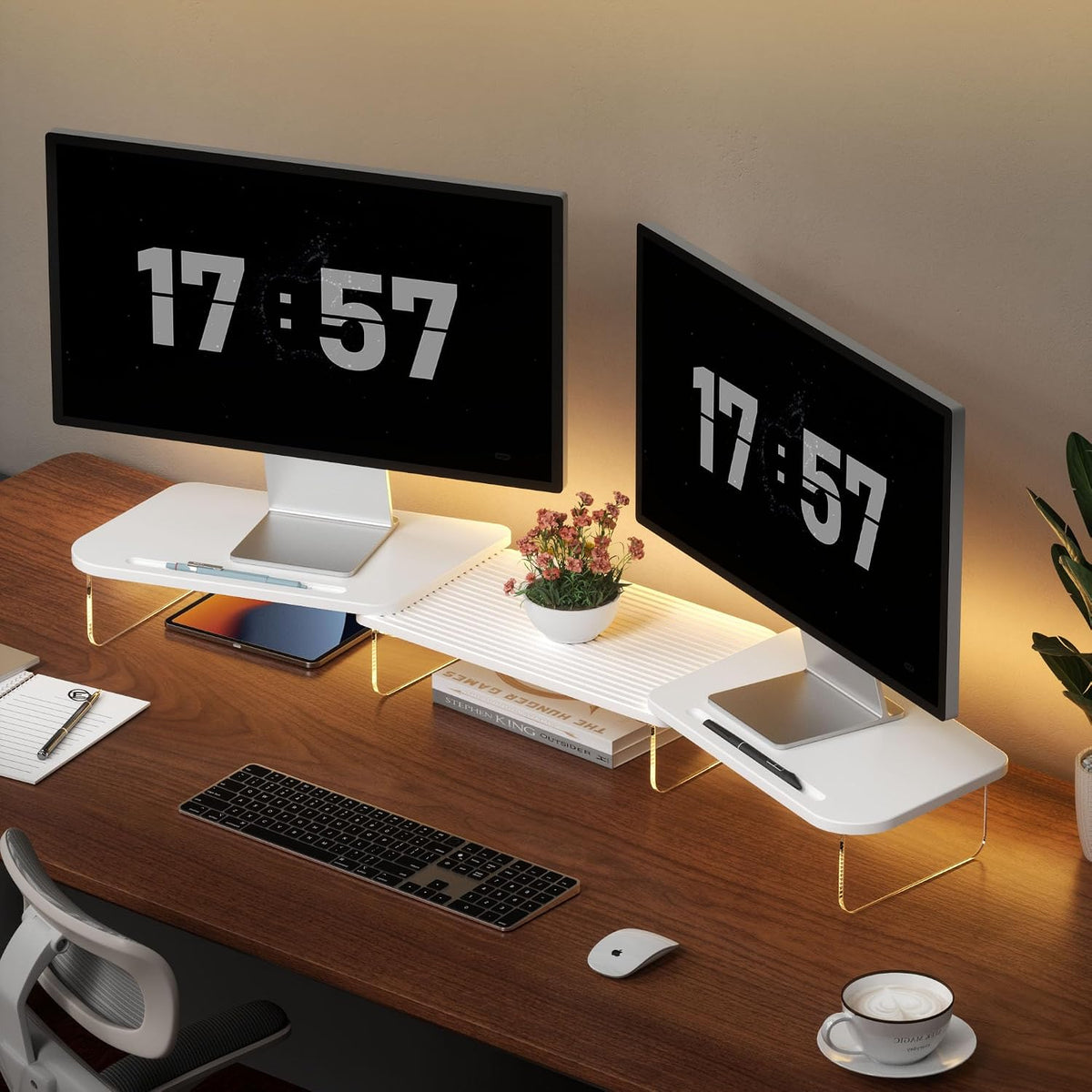 AFOOYO LED Dual Monitor Stand Riser for 2 Monitors,Office Desktop Wooden Stand Adjustable Length and Angle 3 Shelf (White)
