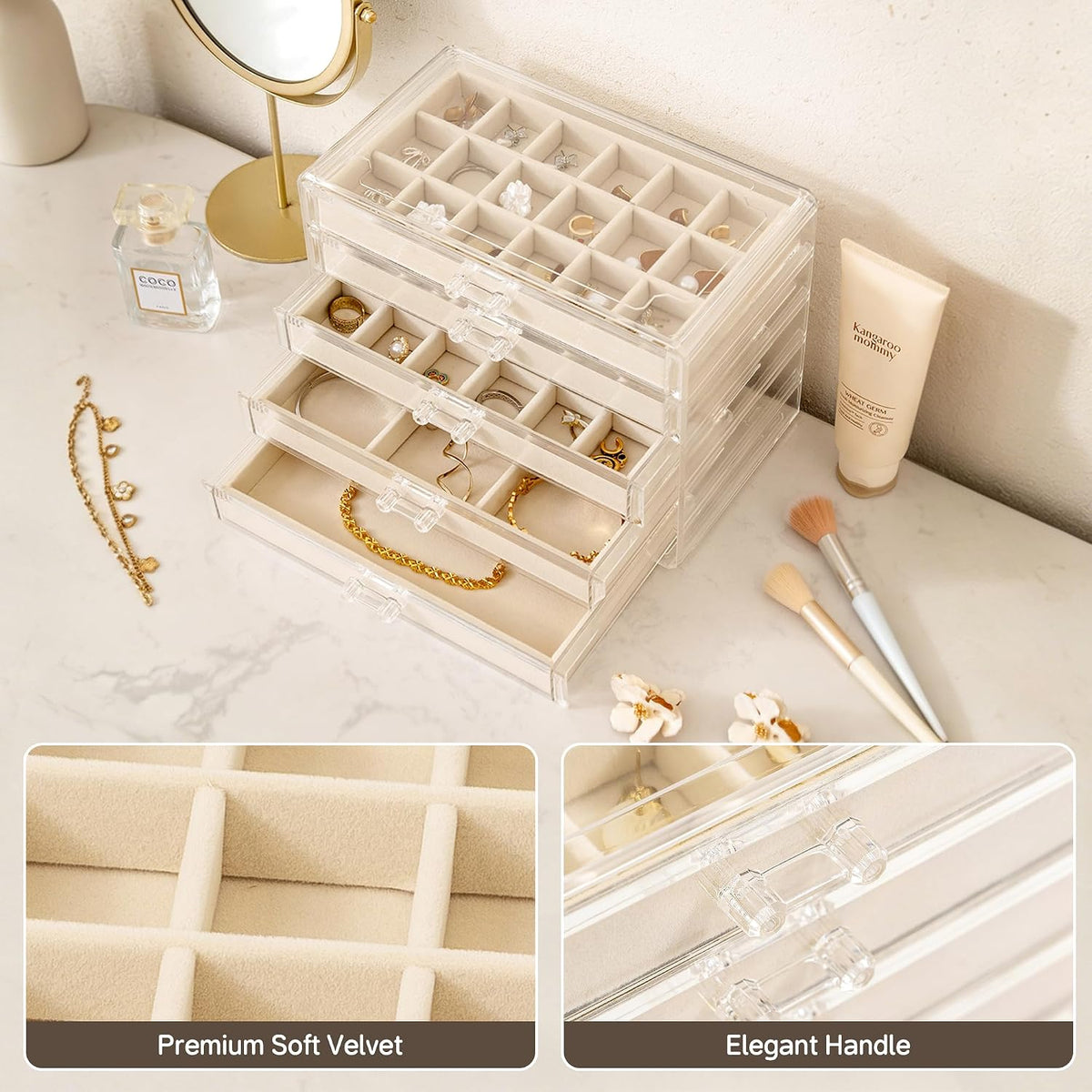 Frebeauty Acrylic Jewelry Box for Earring,Jewelry Organizer with 5 Drawers