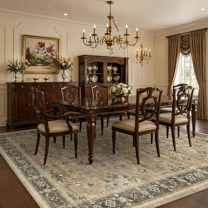 Taupe and Sage 8x10 Living Room Rug, Oriental Large Area Rug