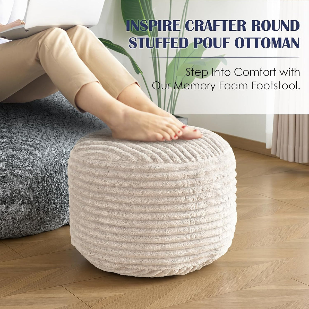 Round Pouf Ottoman,Corduroy Foot Rest,Beige,20x15 in