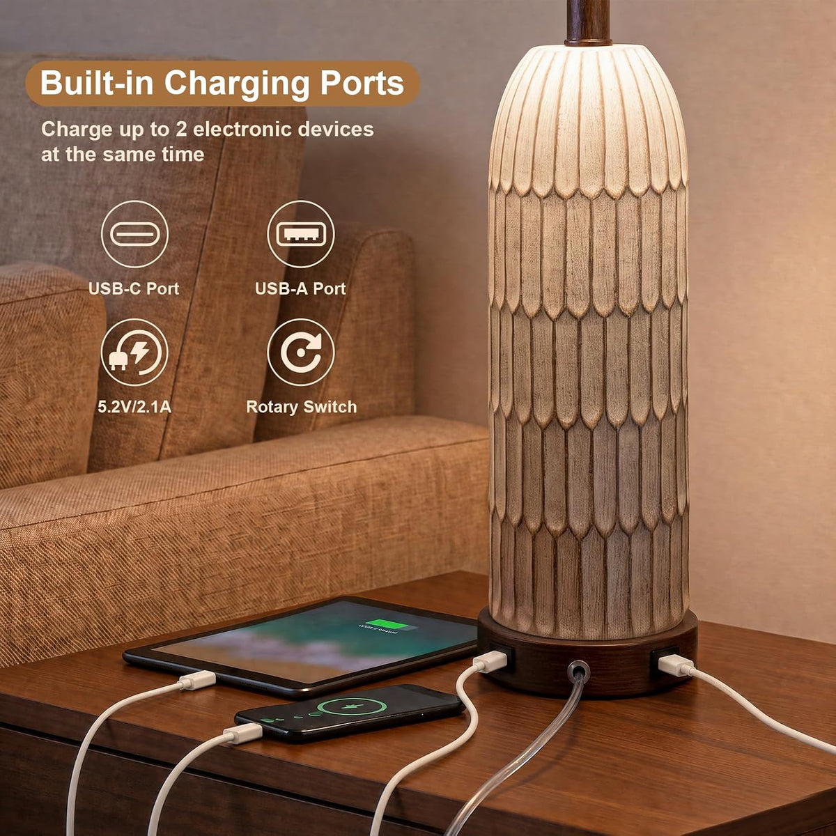OYEARS 22" Bedside Table Lamps Set of 2, Farmhouse Lamp with USB,Dark Brown