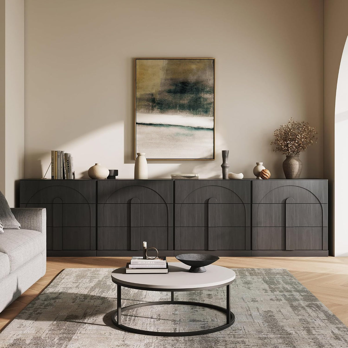BELLEZE Sideboard Cabinet with 3 Drawers, Set of 4 Modern Wood Buffet Cabinet with Arc Design, Large Fluted Sideboard with Storage for Kitchen Living Room Entryway, Ebony