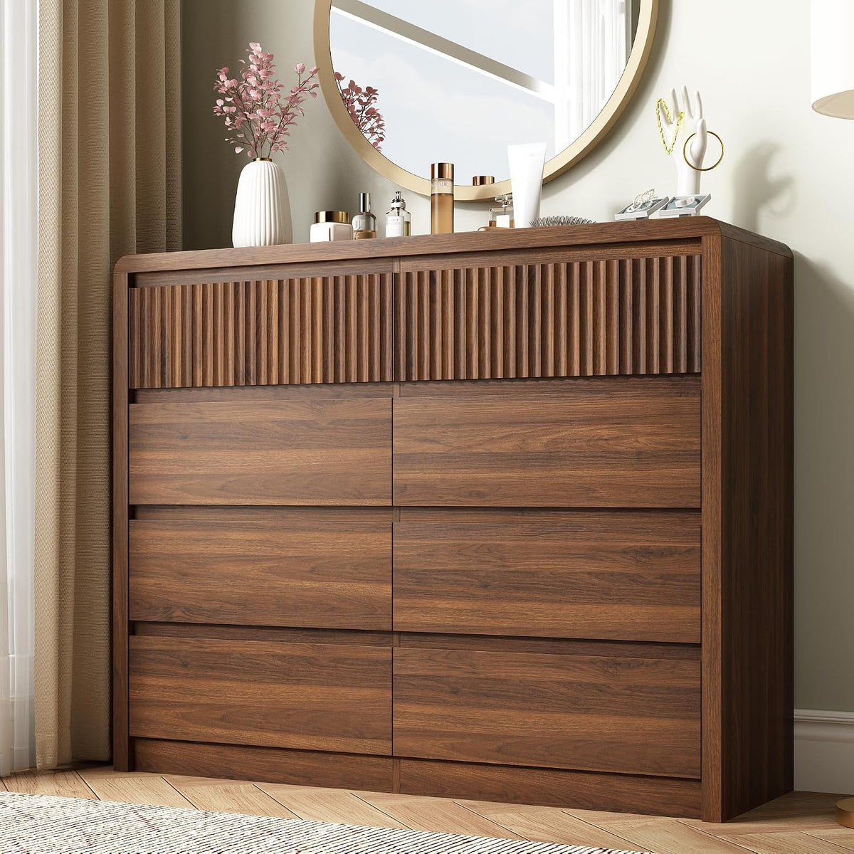 LYNSOM Walnut Fluted 8 Drawer Dresser, 50" Wide Wooden Chest of Drawers for Bedroom, Curved Profile Design, Mid Century Modern Dresser Storage Organizer Closet for Living Room, Hallway, Entryway