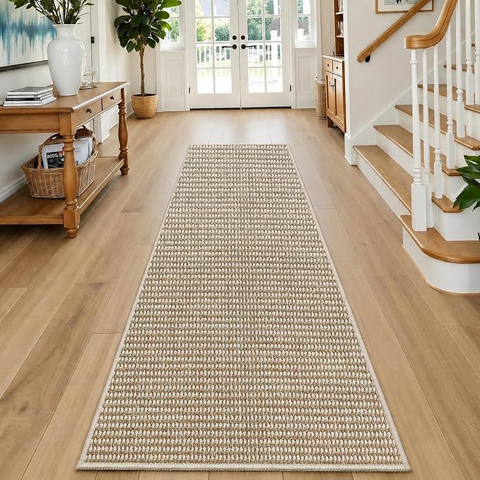 Faux Jute Hallway Runner Rug 2'x6', Washable & Non-Slip, Taupe & White | 0.27"