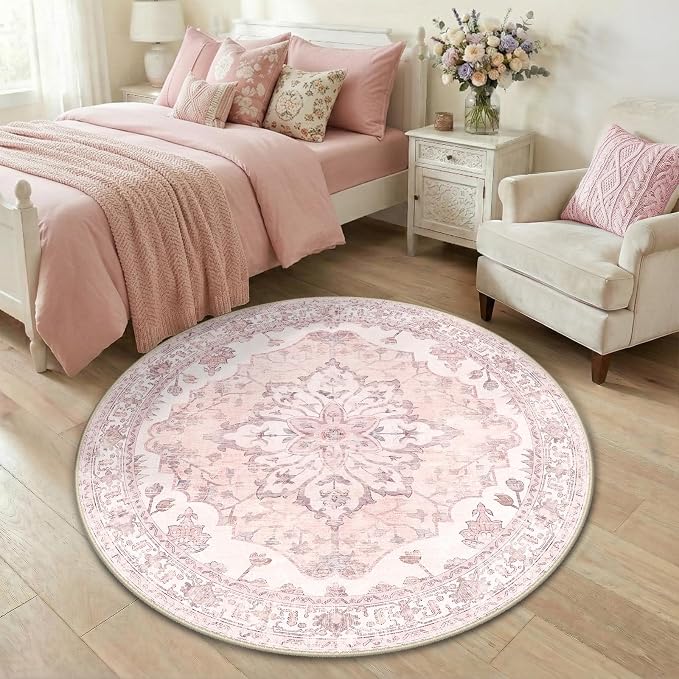 RELEANY Area Rugs Round 4ft Washable Non-Slip, Floral Vintage Distress