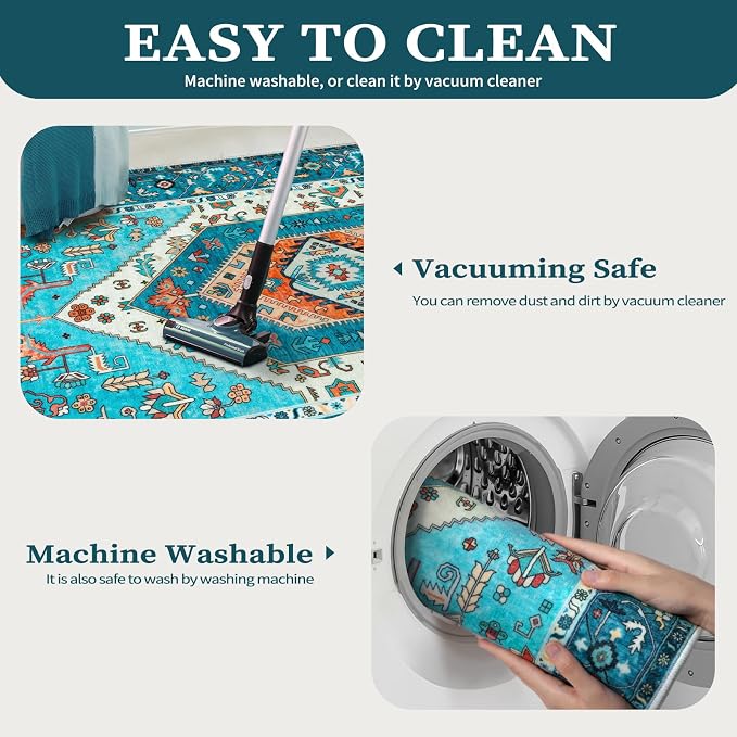 SERISSA 4x6 Boho Bedroom Rug, Washable Non Slip Vintage Blue Area Rugs