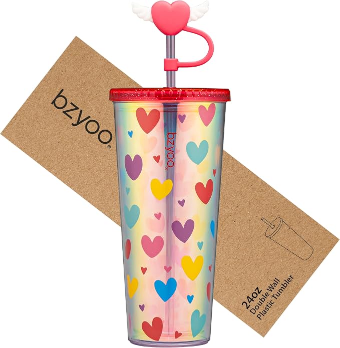 bzyoo 24 oz SIP Tumbler with Heart-Shaped w/Wing Straw Cap Cover – Cute Heart