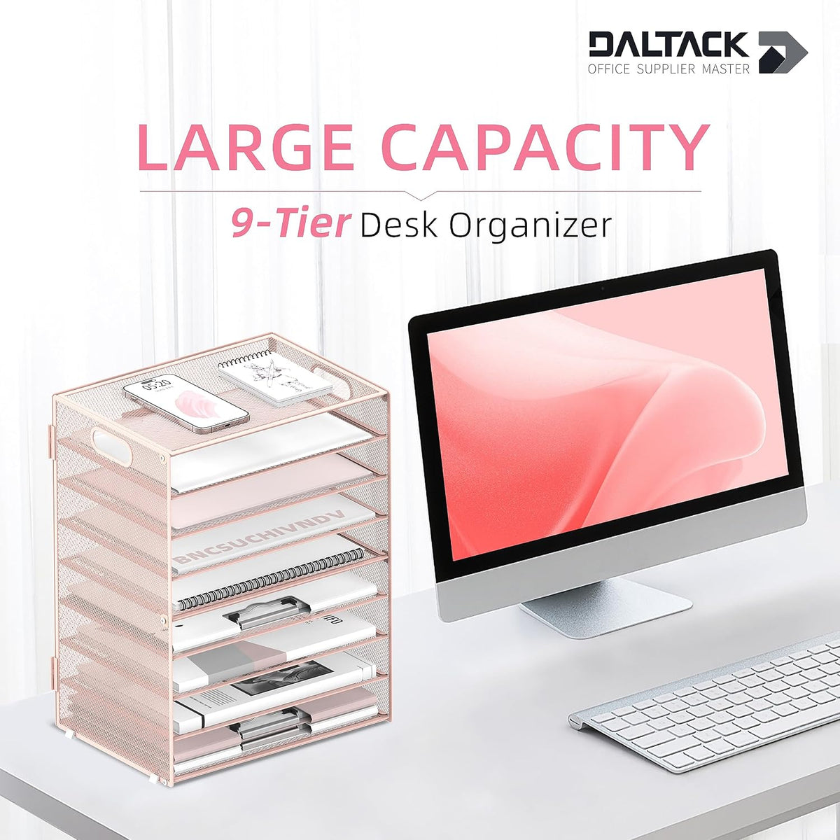 9-Tier Paper Organizer for Desk, Metal Mesh Letter Tray with Handles, Pink
