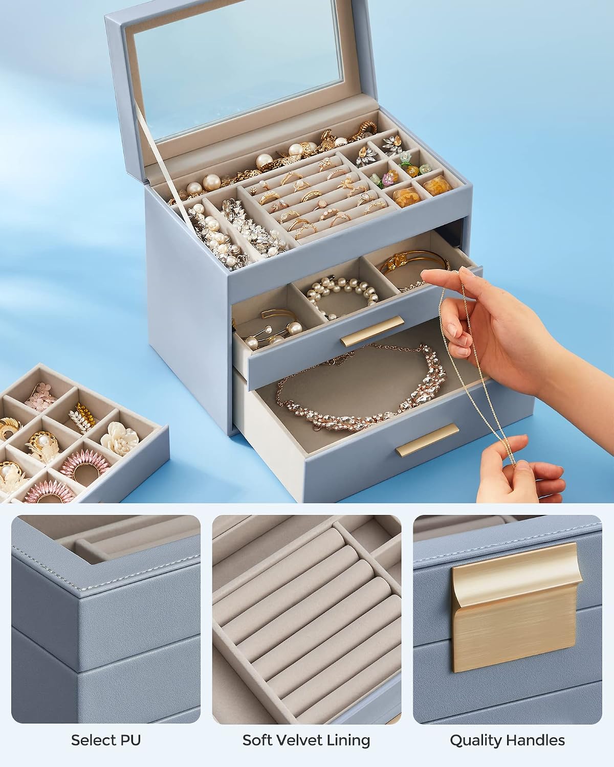 SONGMICS Jewelry Box Organizer, 4-Layer Storage with 3 Drawers, Glass Lid