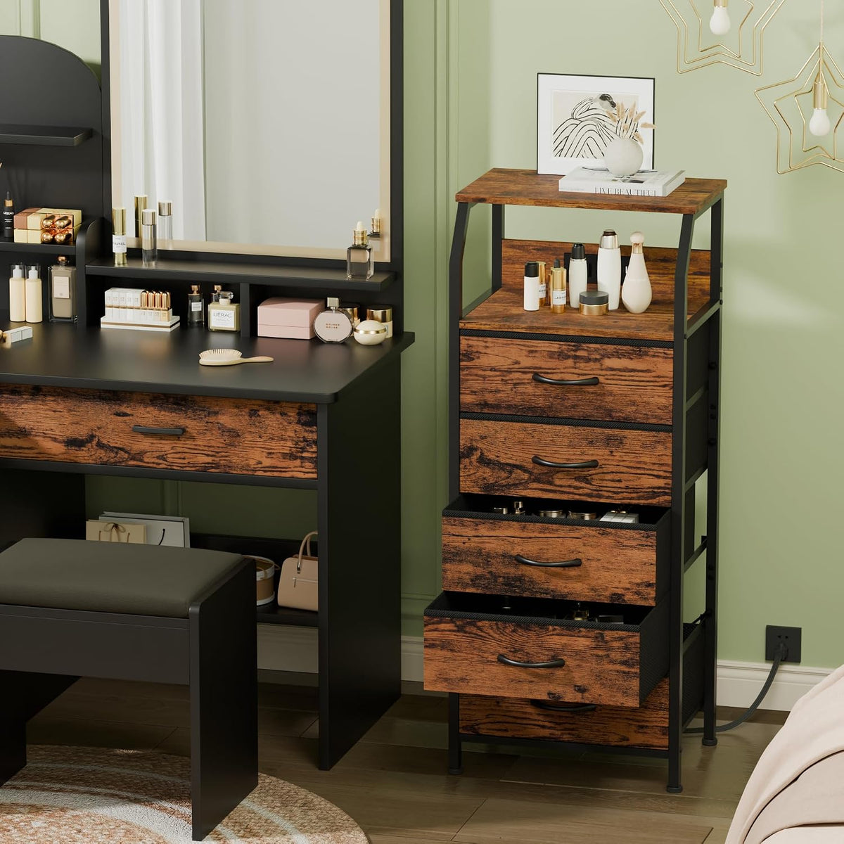 Furnulem 5 Drawers Dresser with Charging Station, Tall Nightstand, Brown