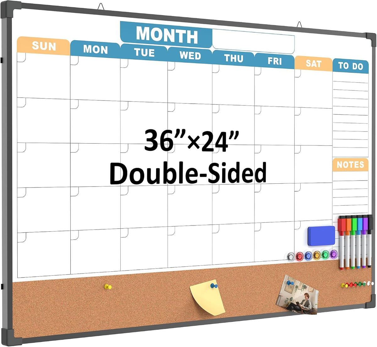 Monthly Calendar Dry Erase Board 36x24 Inch, Double-Sided Whiteboard and Corkboard Combo with Black Aluminum Frame (Color Calendar), Wall Mounted Planner with Marker, Magnet, Push Pin, Eraser