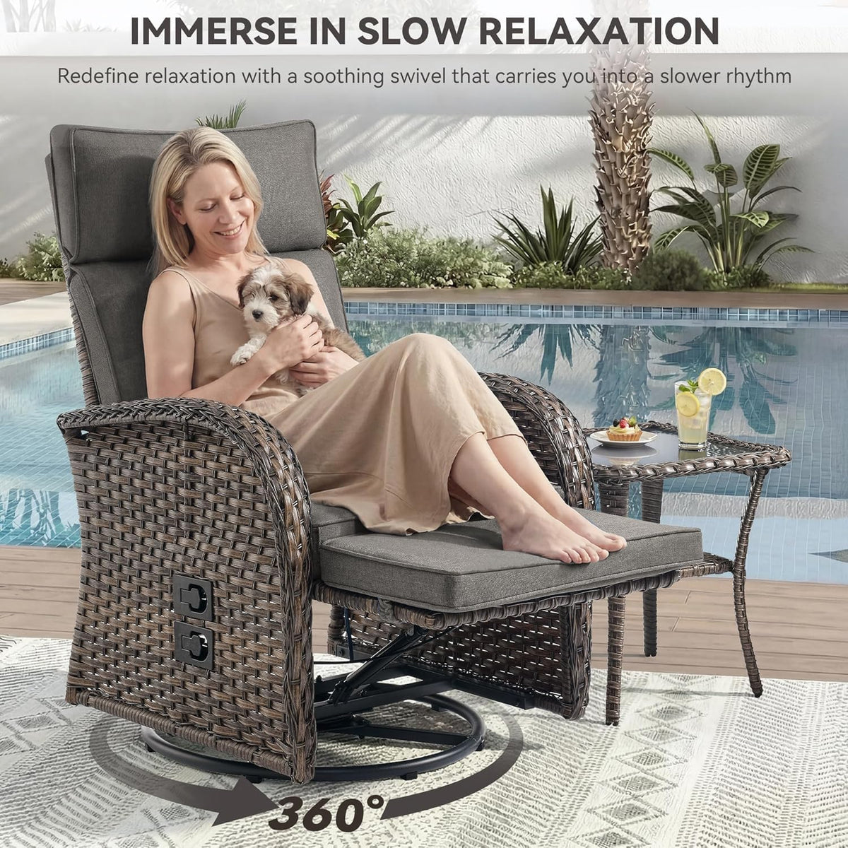 Zero Gravity Patio Swivel Recliner Chairs Set of 2 - Wicker Outdoor Lounge Chair with Adjustable Backrest & Footrest, All Weather Reclining Chairs with Thick Cushion for Garden Pool Deck(Grey)