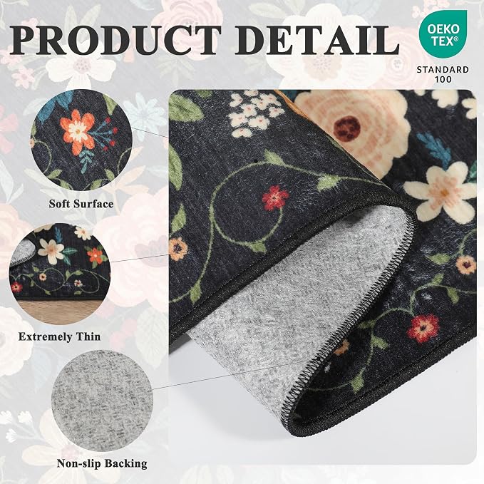 DUKINO Floral Round Rug, 6ft Washable Circle Rug, Non Slip Indoor Low Pile