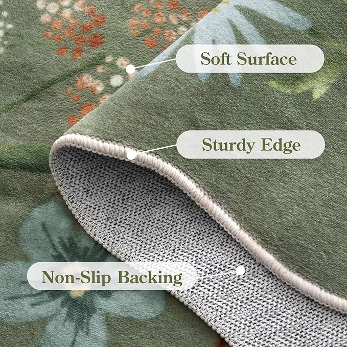 Lahome Floral Washable Round Area Rug, Round Rug 5ft Soft Non-Slip,