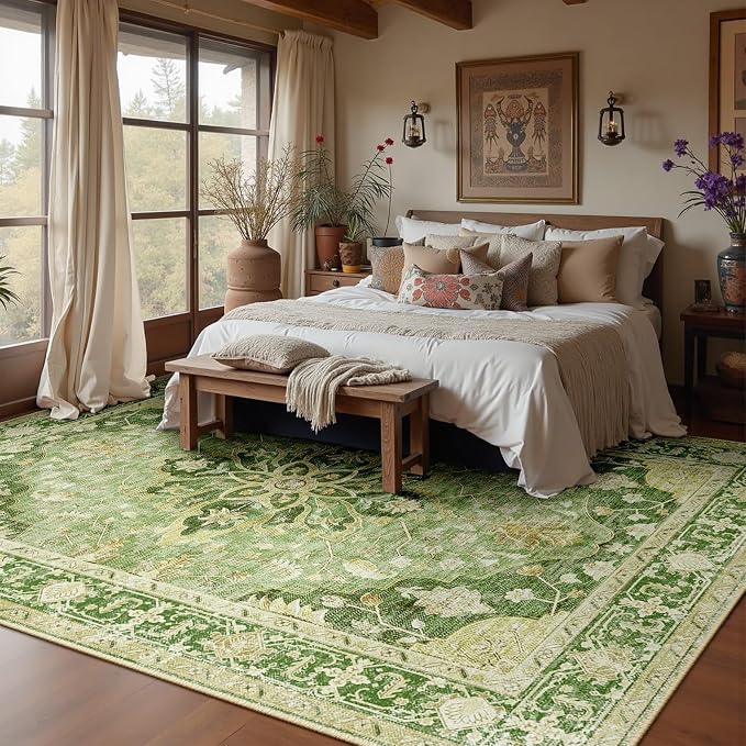 RELEANY Area Rugs Large 10'x14' Washable Non-Slip, Floral Vintage Distress