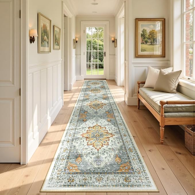 RELEANY Area Rugs Runner 2'6"x14' Washable Non-Slip, Floral Vintage Distress