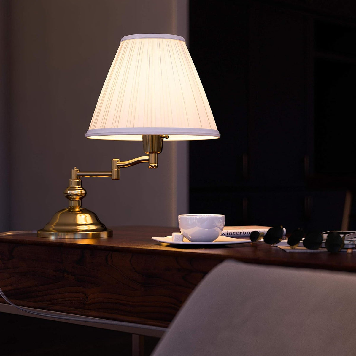 Kenroy Home Classic Swing Arm Swing Arm Desk Lamp with Polished Brass Finish, Classic Style, 16" Height, 16" Width, 12.5" Depth
