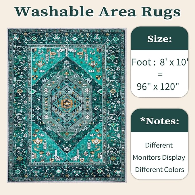 SERISSA Washable 8x10 Area Rugs Teal, Large Non-Slip Boho Living Room Rug