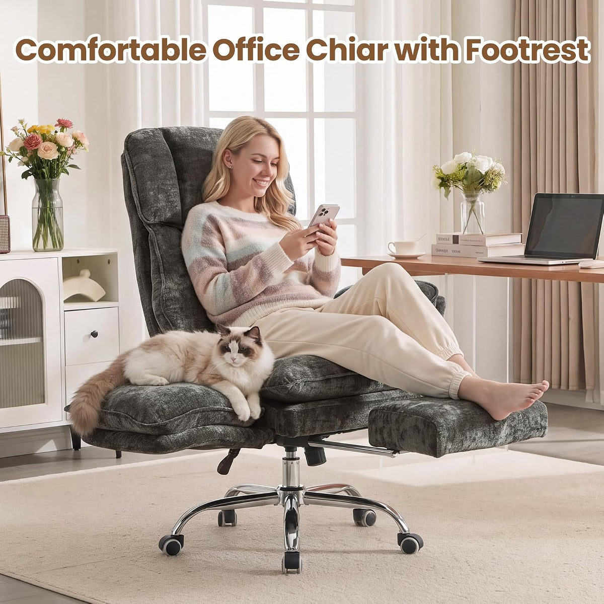 Big and Tall Office Chair with Flip Arms and Footrest, Chenille Criss Cross Legged Home Office Desk Chair with Pet Seat, Comfy Reclining Computer Gaming Chair, Dark Grey