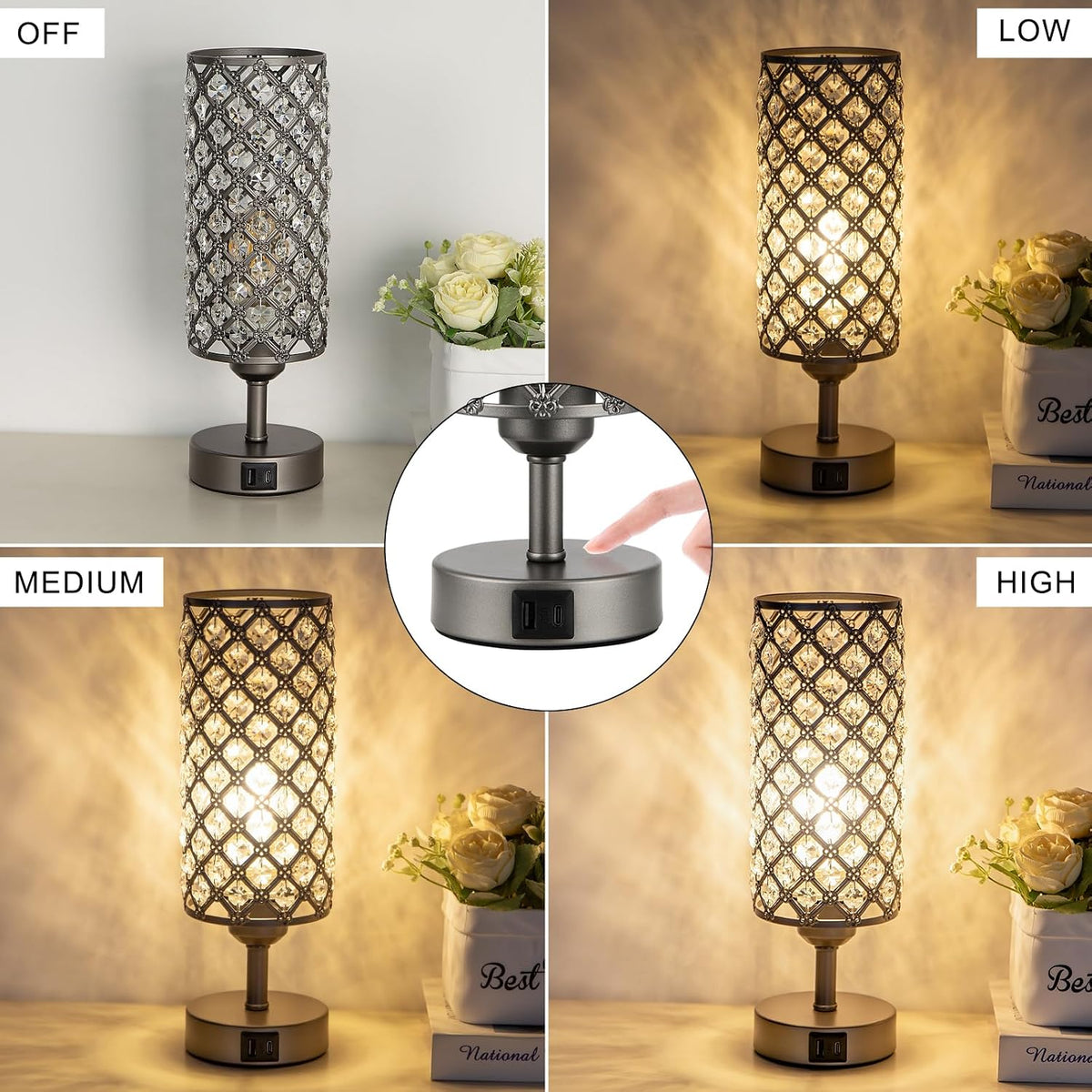 Gray Crystal Bedside Lamp, Nightstand Lamp for Bedroom (Bulb included)