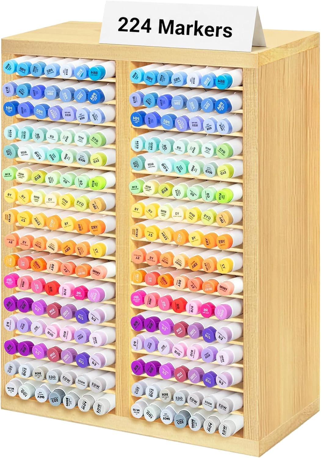 PROLEE Marker Organizer for 224 Markers, Wooden Alcohol Marker Holder with 32 Compartments, Horizontal Art Pen and Pencil Storage Rack for Desk, Classroom and Studio, Natural