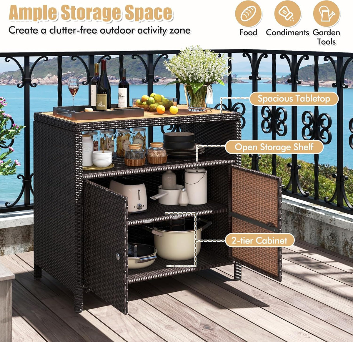 RELAX4LIFE Wicker Outdoor Bar Cabinet - PE Rattan Patio Bar Table w/Acacia Wood Countertop, Open Shelf & 2 Doors, Buffet Sideboard Organizer for Garden Backyard Pool, Outside Storage Cabinet (Brown)