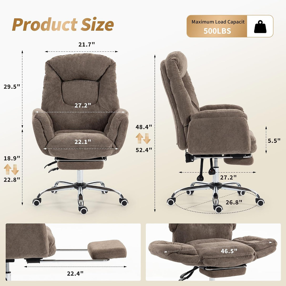 Criss Cross Ergonomic Office Chair with Footrest, Big and Tall Executive Office Chair with 3-Level Adjustable Armrests High Back Adjustable Gaming Chair with Wheels for Home Office, Coffee