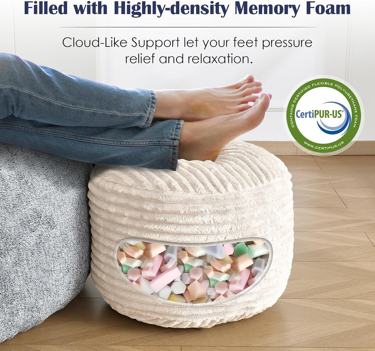 Round Pouf Ottoman,Corduroy Foot Rest,Beige,20x15 in