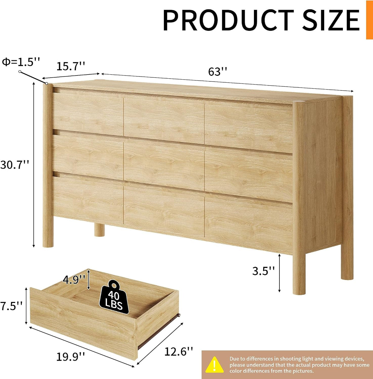 63in Oak 9 Drawer Dresser & 2 Nightstand Set, 3 Pcs Bedroom Furniture