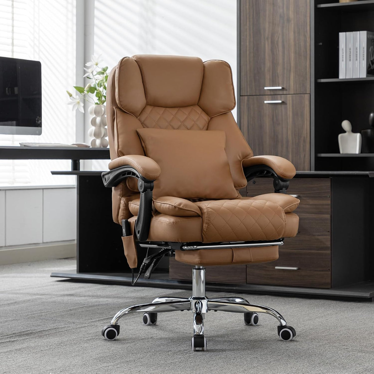 Kneading Massage Executive Office Chair with Heated,90-135° Reclining Office Chair with Footrest,Computer Desk Chair with Wheels,Diamond-Stitched Cushion Leather Office Chair (Brown)