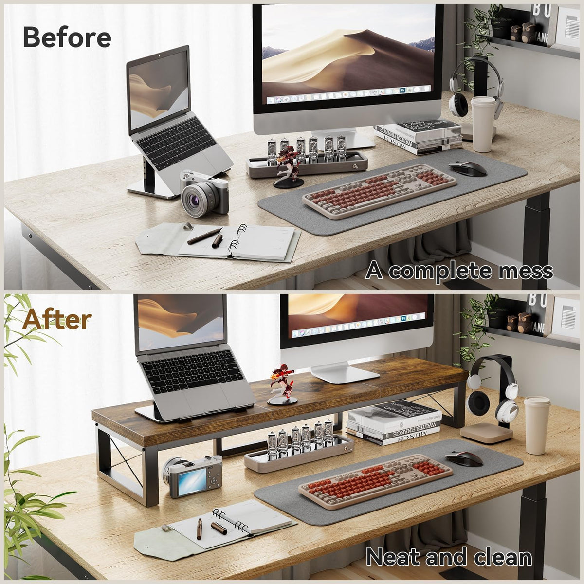 IBUYKE Large Dual Monitor Stand Riser for 2 Monitors, Wooden Desktop Computer Monitor Stand Storage Shelf and Steel Legs,Dual Screen Office Desk,Monitor Riser for Computer, Printer,Laptop,TV,Rustic Brown UTDJ002H