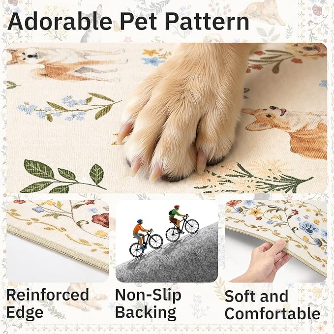 Soalmost Dog 8x10 Area Rugs for Living Room, Machine Washable Animal Floral