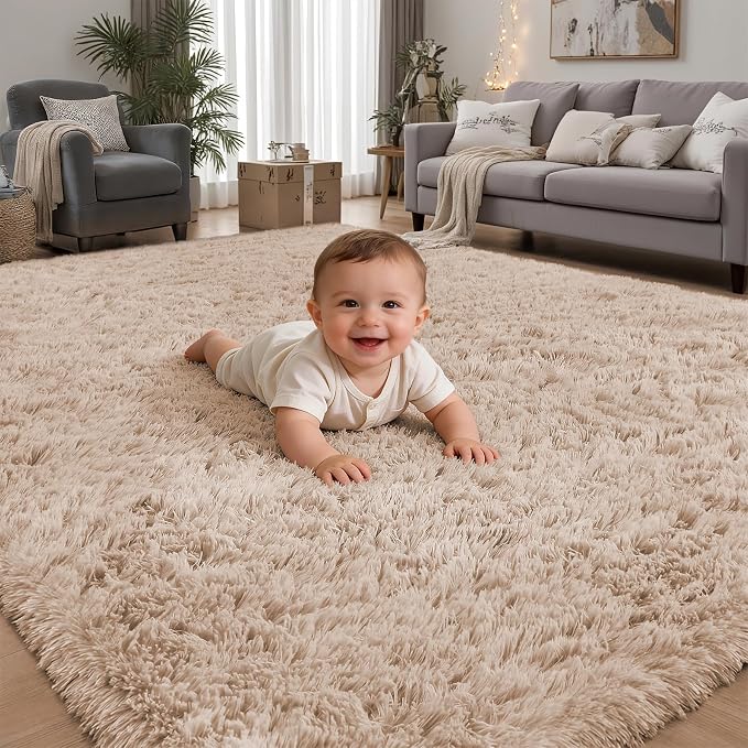 Area Rug for Living Room Bedroom: 9x12 Camel Soft Fluffy Shag Upgrade Non-Slip