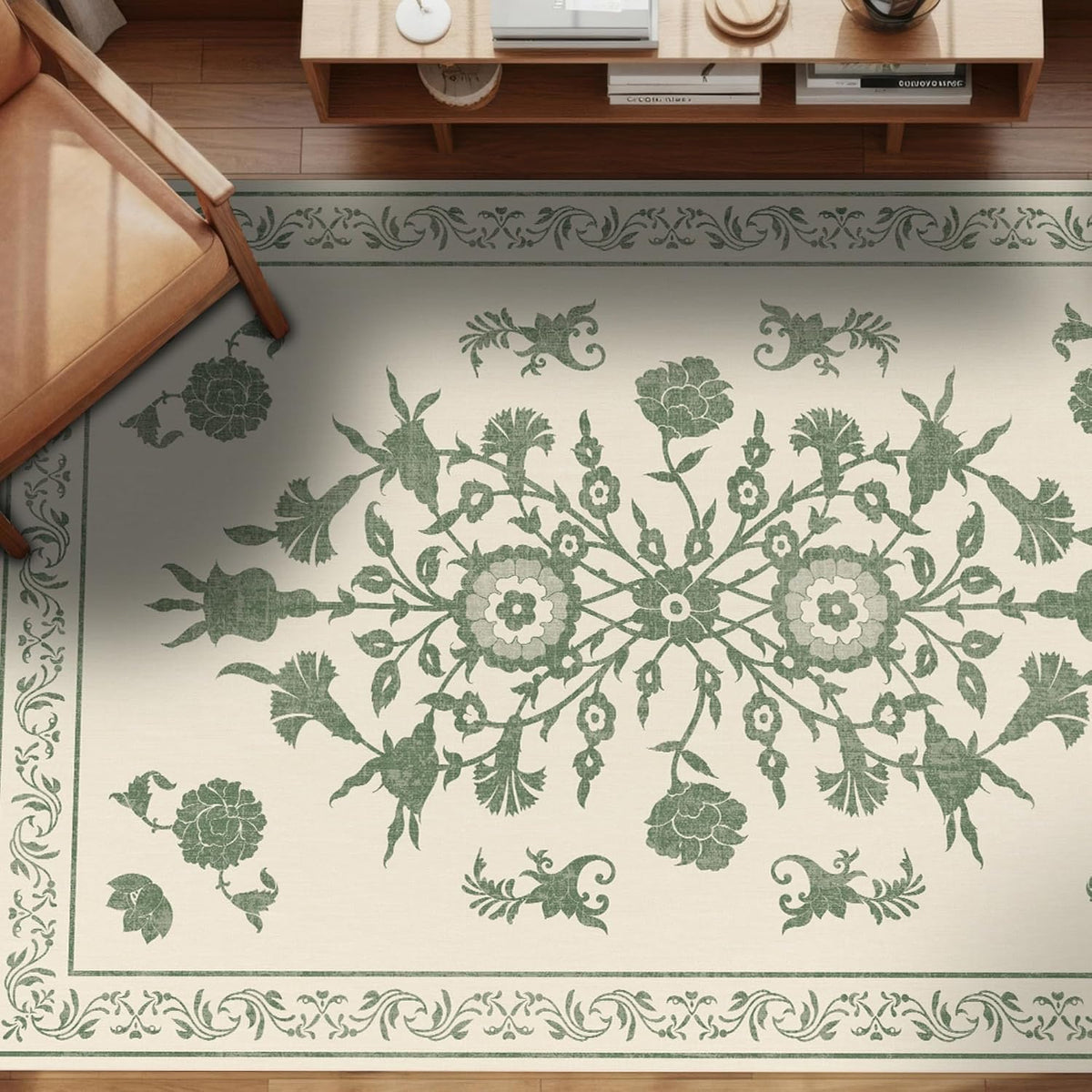 Carolina Creekhouse Vinyl Floor Mat 4'x6' - Green & Cream Floral Pattern - Waterproof Non-Slip Kitchen Rug - Hard Floor Safe - Eco-Friendly Flat Weave - 4'x6'