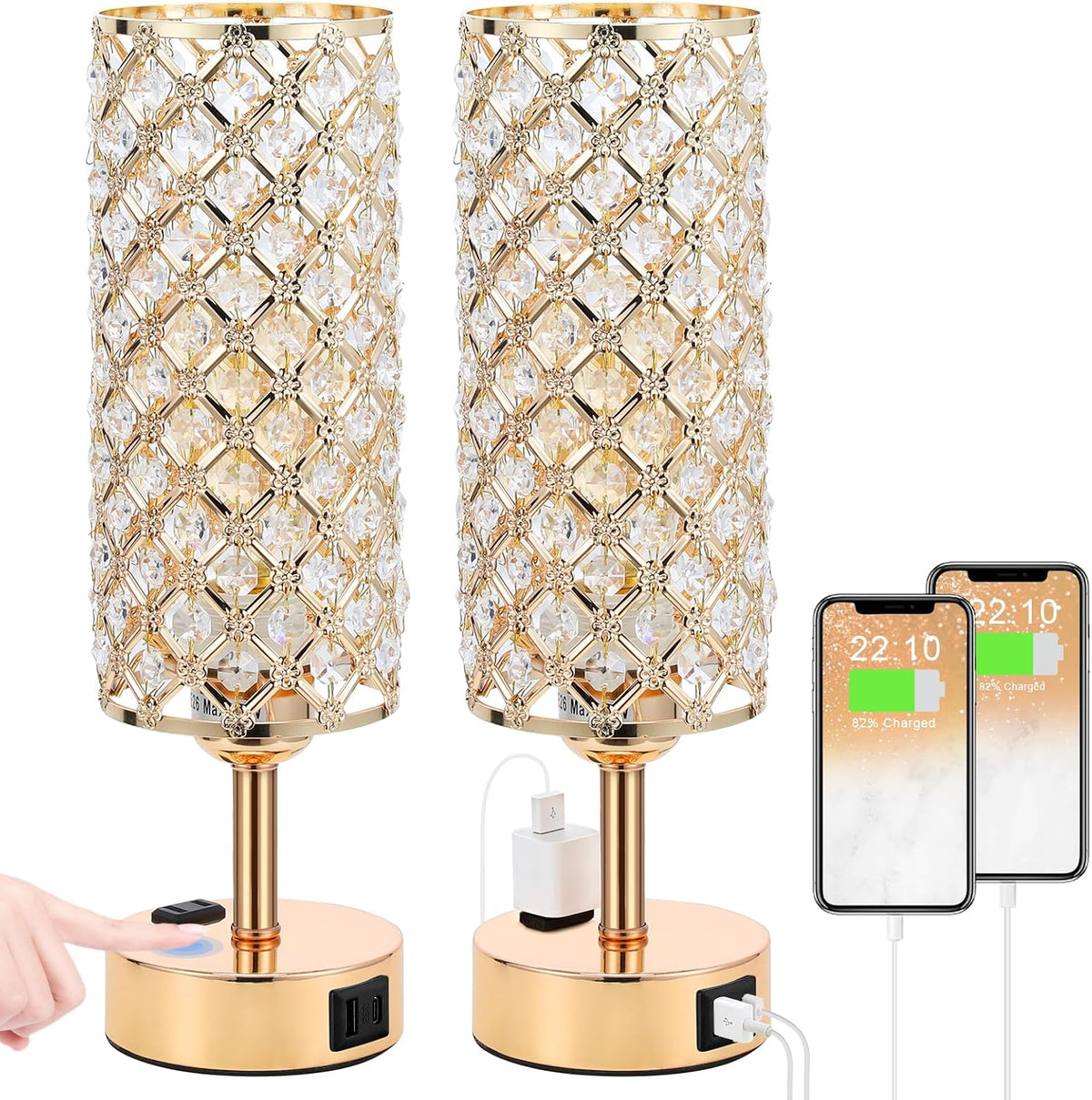 Hong-in Gold Lamps Set of 2, Dimmable Gold Lamps for Nightstand with USB-C+A & AC Charging Ports, 3-Way USB Crystal Lamp, Bedside Desk Light for Bedroom Living Room Home Office(Bulb Included)