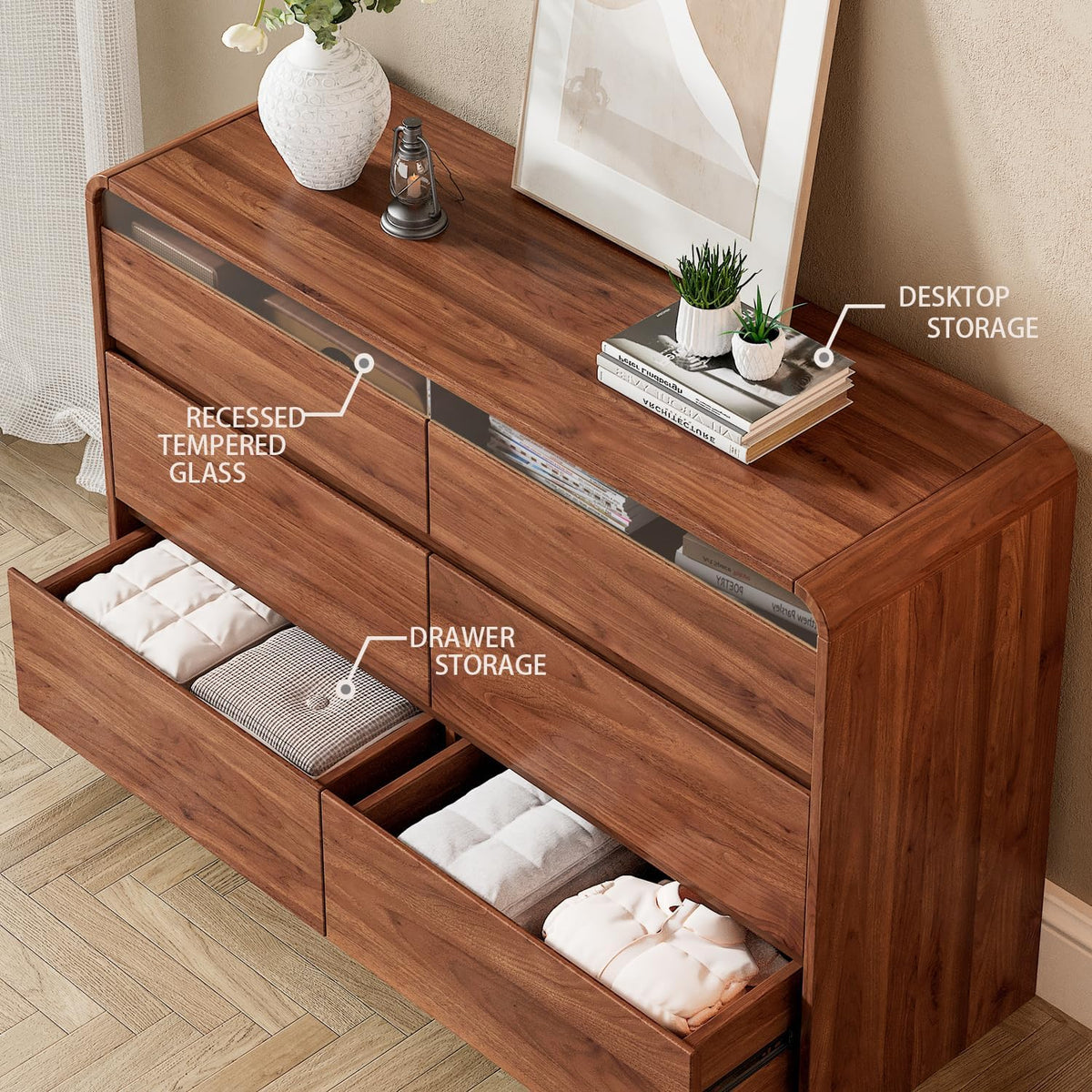 Ieejdn 47.2" Dresser with 6 Drawer, Wide Dresser with Recessed Glass Display & Silent Metal Rails, Handleless Chest of Drawers for Clothes, and Bedding, Russet