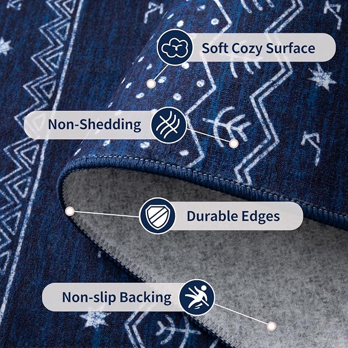 SERISSA 9x12 Area Rugs for Living Room, Washable Non-Slip Blue and White Boho