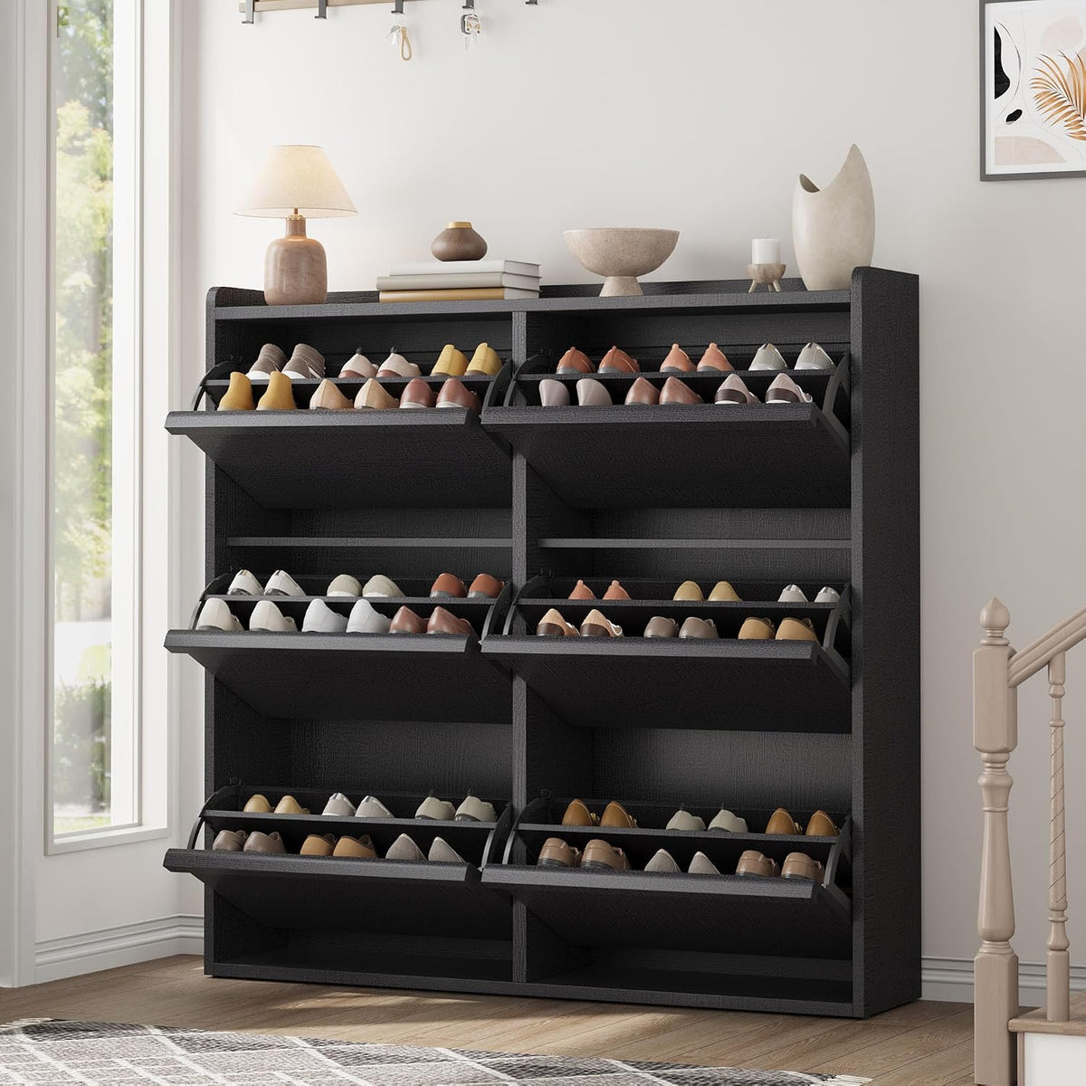 GarveeHome Shoe Cabinet with 6 Flip Drawers, Wooden Shoe Organizer Cabinet with Adjustable Shelf, Shoe Storage for Entryway, Hidden Shoe Cabinet for Hallway, Living Room, Black